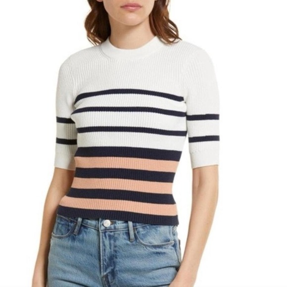 FRAME Sweaters - FRAME Ribbed Knit Striped Sweater‎ White Navy Blue Peach Elbow Sleeve Womens L